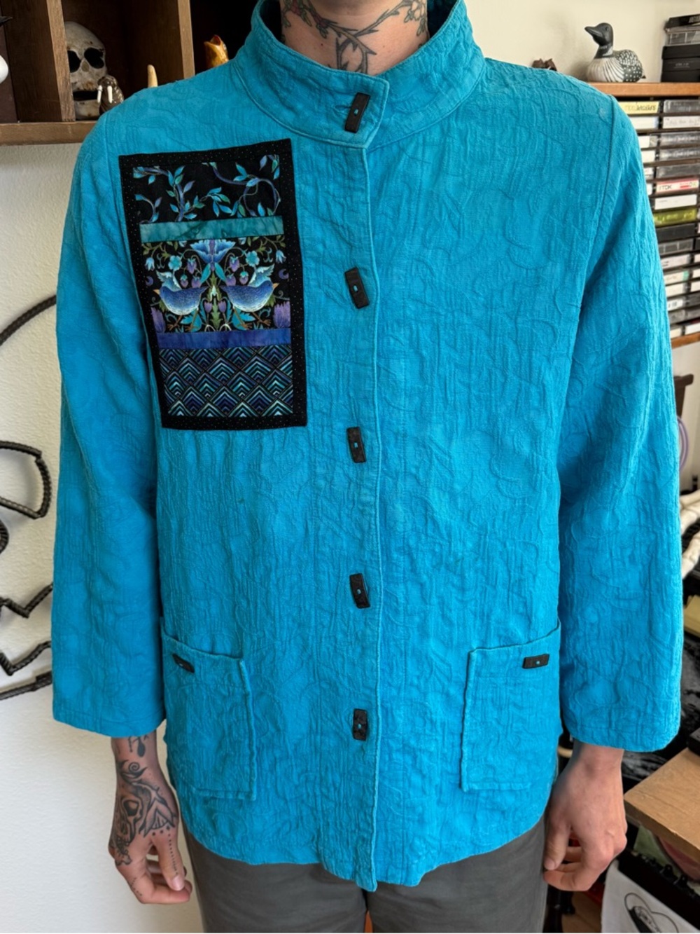 Brie Kriebel Turquoise Quilted Appliqué Textured Boho Jacket ~ Size Medium